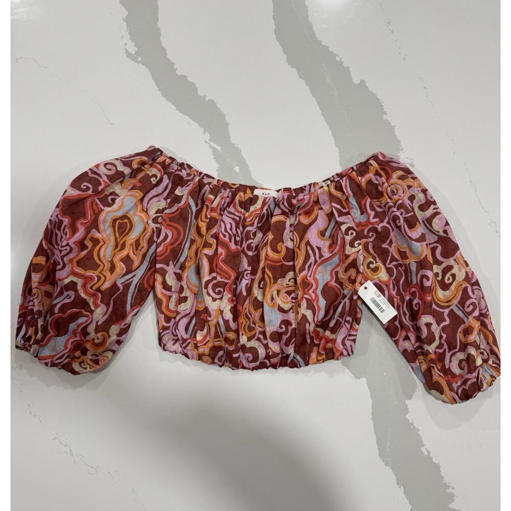 NWT A.L.C. Katherine Printed Off-The-Shoulder Crop Top Pink Orange Linen Size S